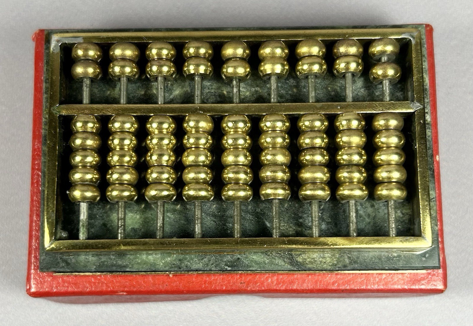 Vtg Miniature Asian Abacus Green Marble Base Brass Beads 3.25” X 2.25” Game