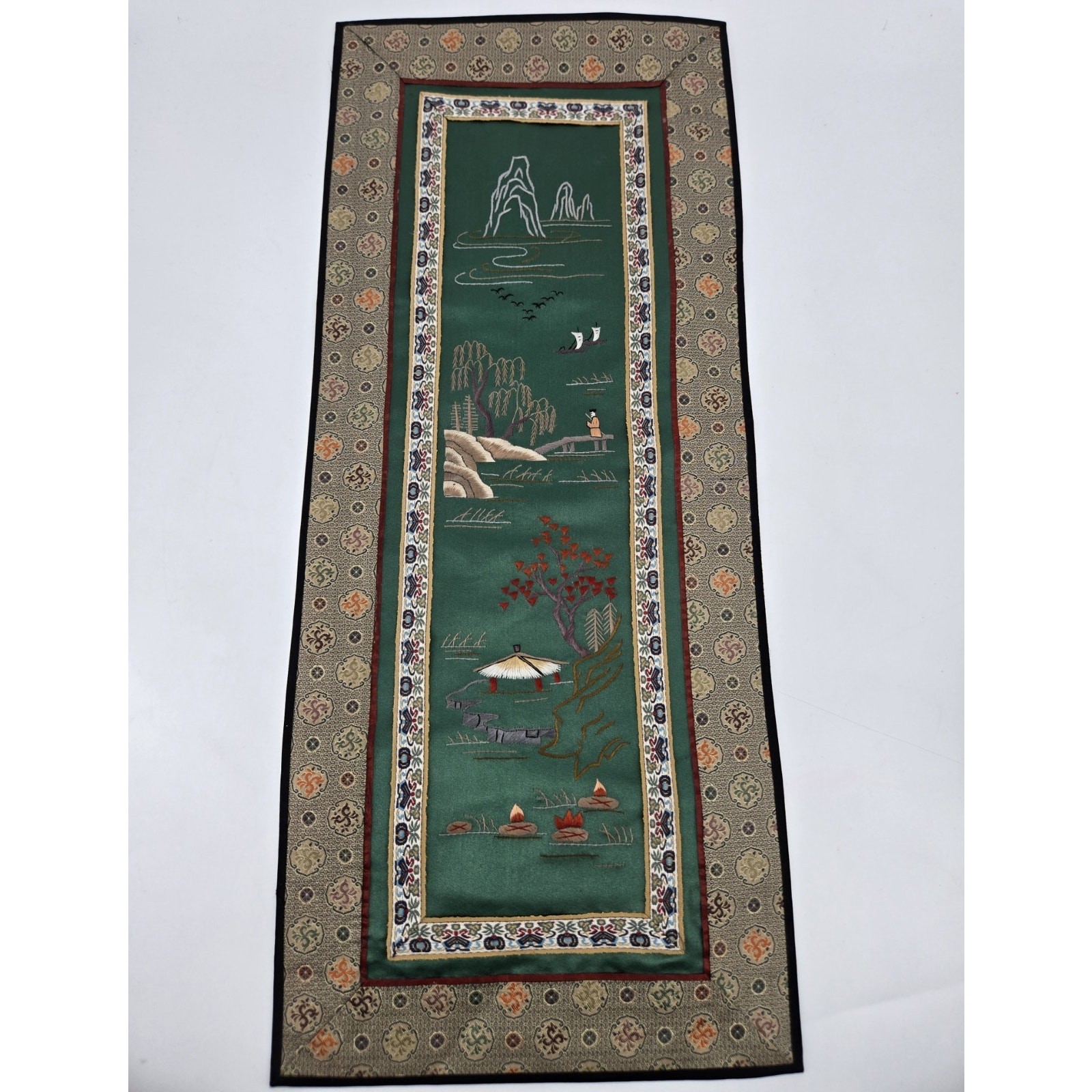 Vintage Chinese Hand Embroidered Silk Pagoda Tapestry Decorative Fabric Panel