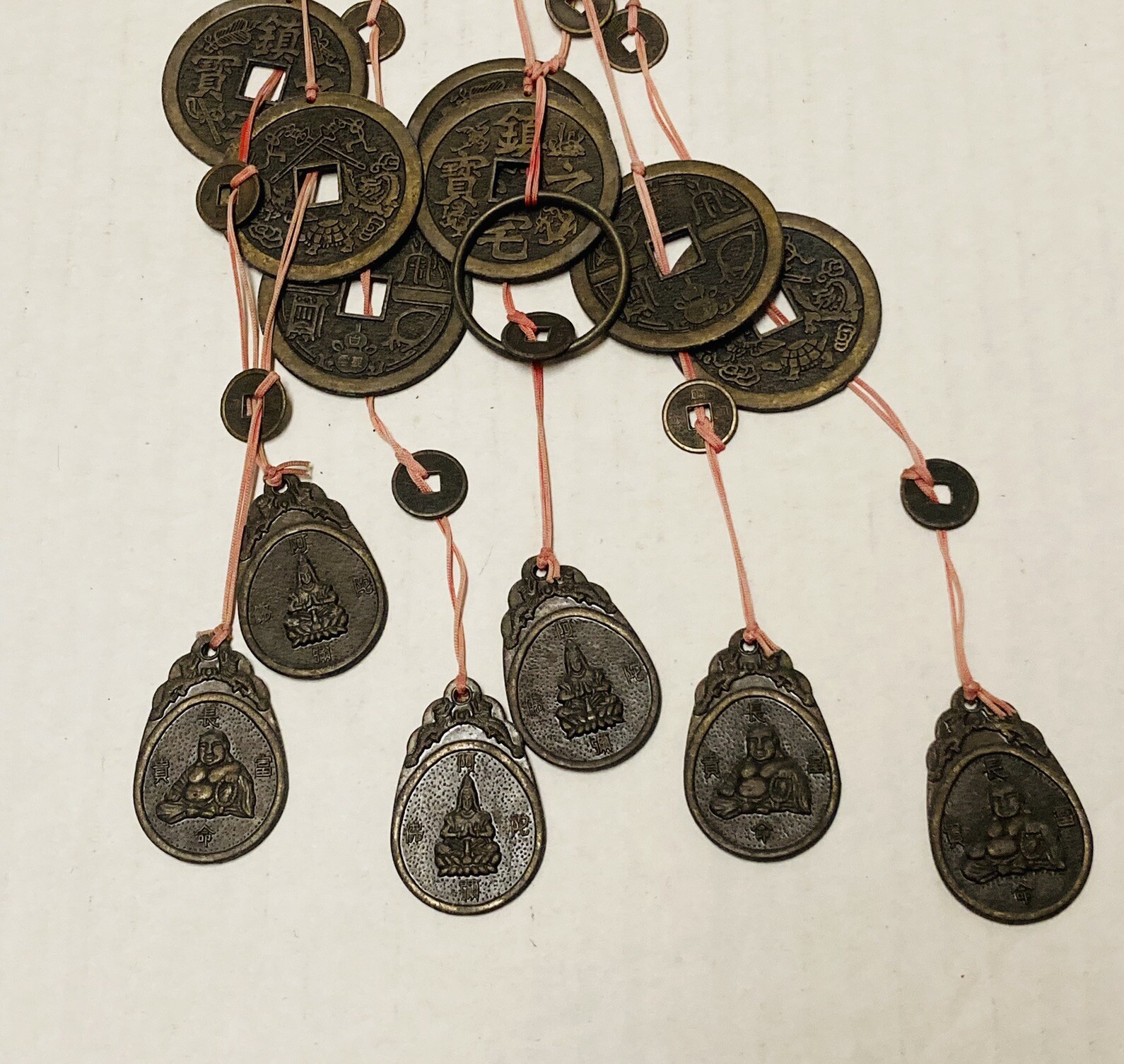 Rare 1950s Chinese Coin Token Wind Chime Feng Shui Buddha Qwan Yin Charm Art X