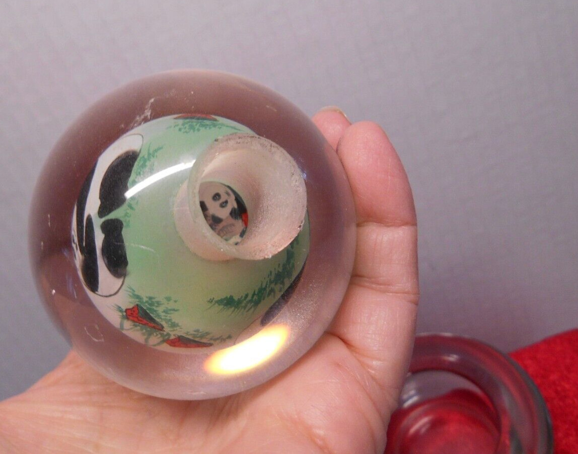 Chinese reverse painted Glass Ball Sphere Orb PANDA BEAR paperweight w/Stand