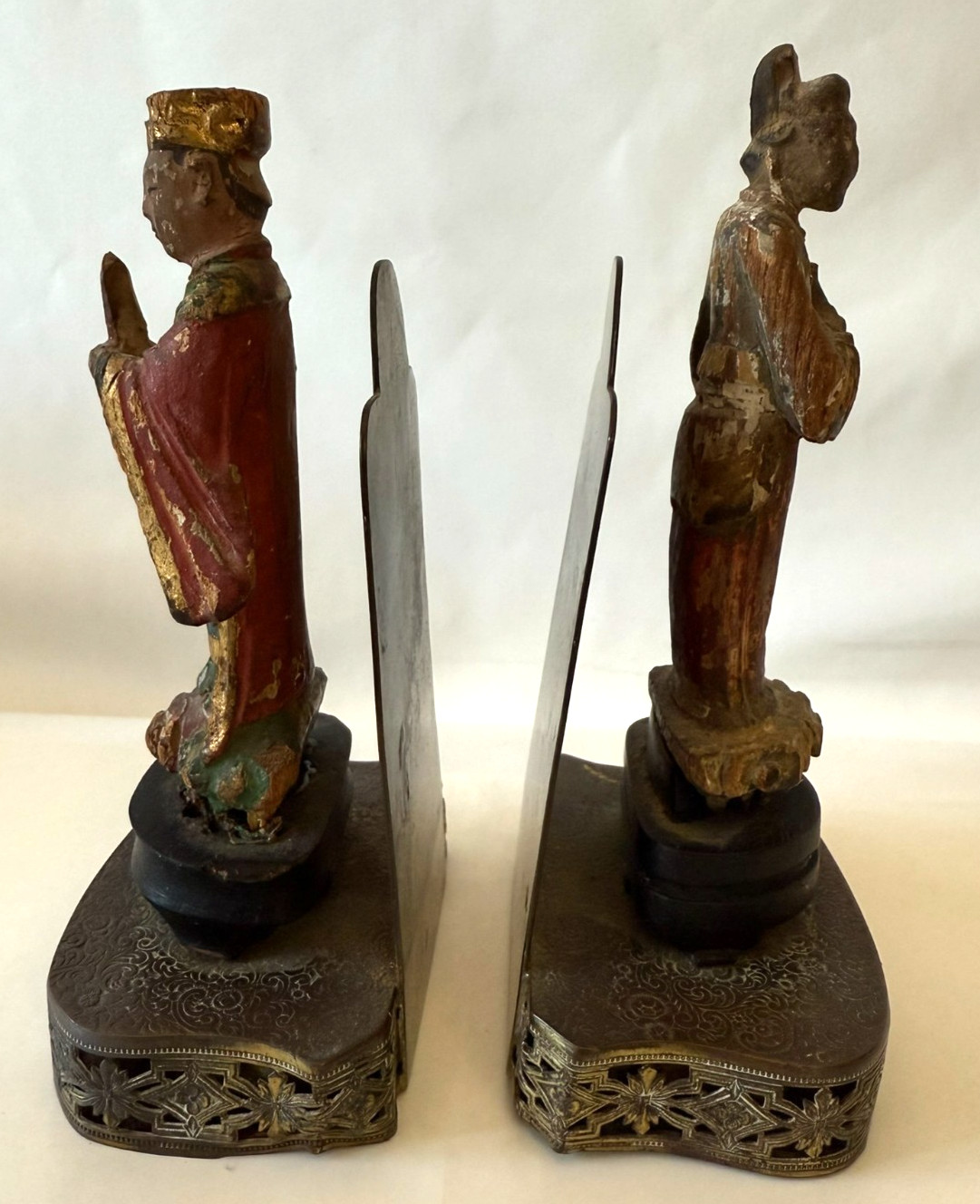 Antique Chinese Pair Sculptures Hand Carved Bookend On Brass Base