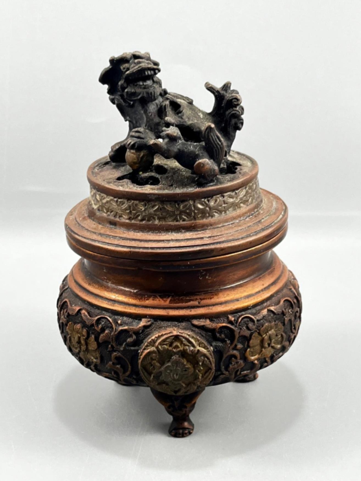 Antique Chinese Metal Bronze Brass Foo Dog Lion Ornate Incense Burner