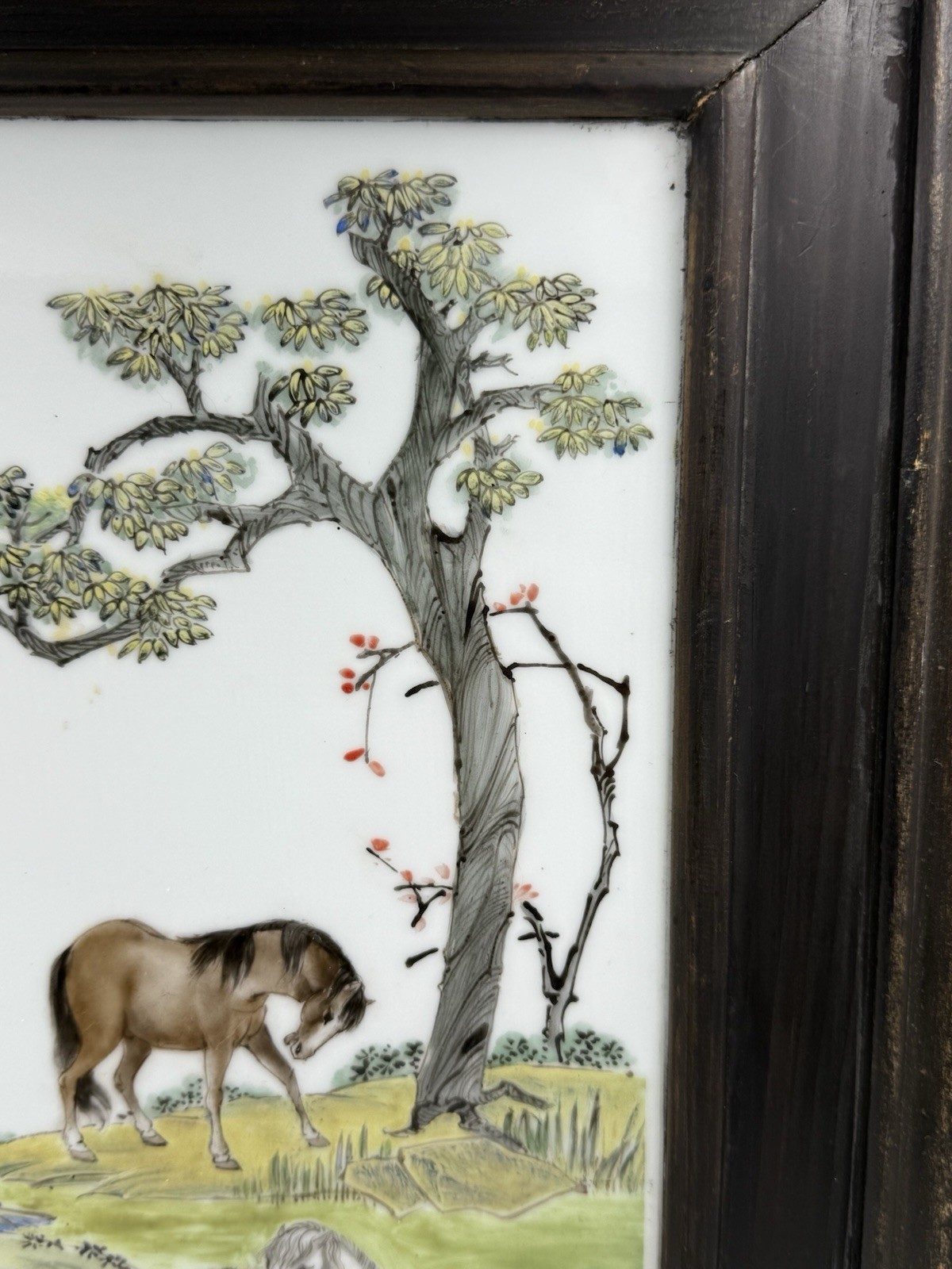 Chinese Hand Painted Porcelain Plaque Eight Horses Framed Wall Art Vintage