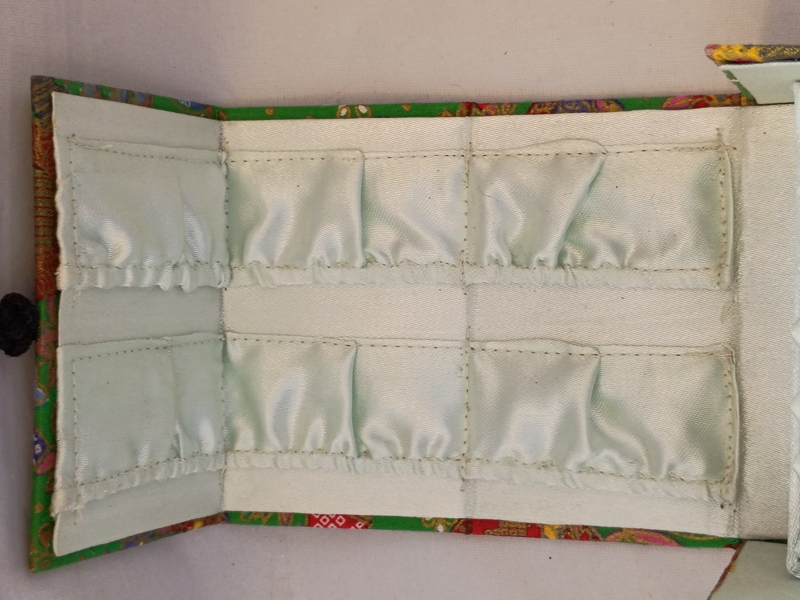 Asian Treasure or Jewelry Box Green Silk Brocade Fabric Rings Earrings Flowers