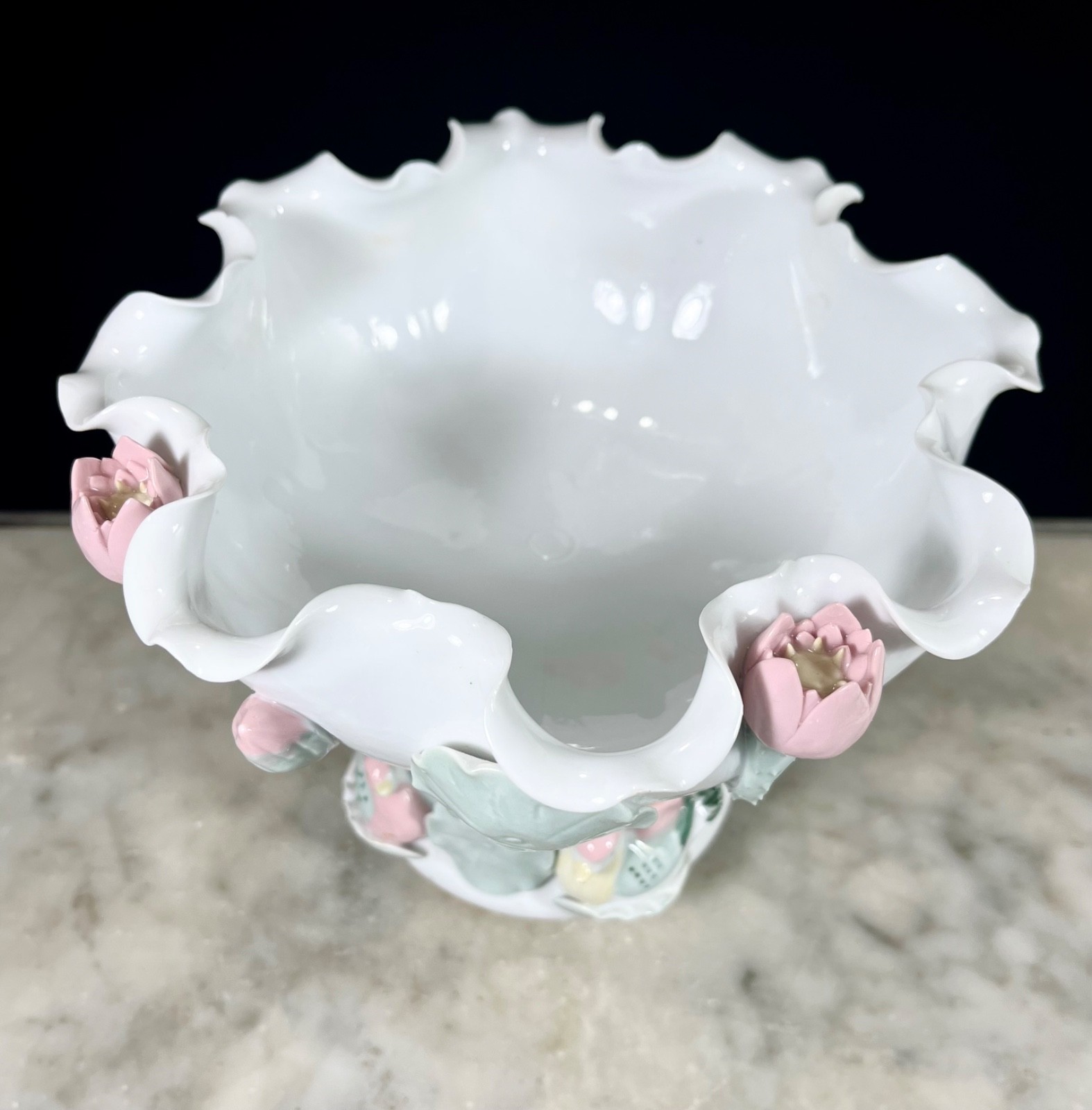 Vintage Chinese Porcelain Blanc de Chine White Lotus Footed Bowl Lily Pads Ducks