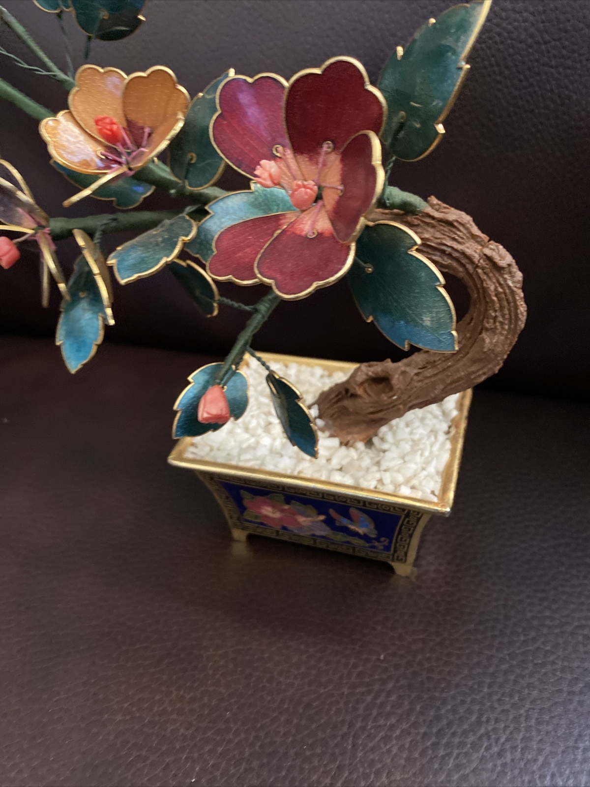 VINTAGE CHINESE GUILLOCHE ENAMEL BONSAI TREE & FLOWERS w/ CORAL CLOISONNE POT