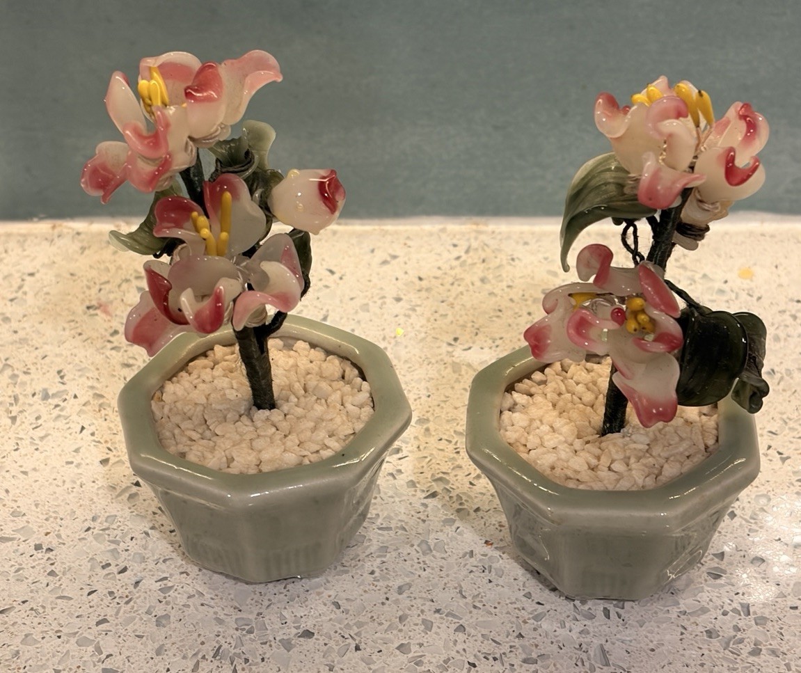 2 Vintage Asian Decor Small Jade Glass Pink Flower Bonsai Tree Celadon Pot 4.25”