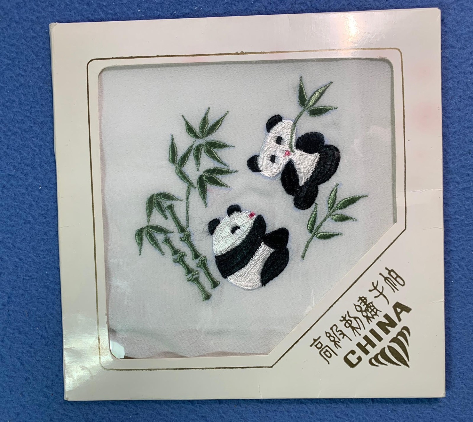 (66) Silk handkerchief – Panda Embroidered – original pack – vintage new 1980