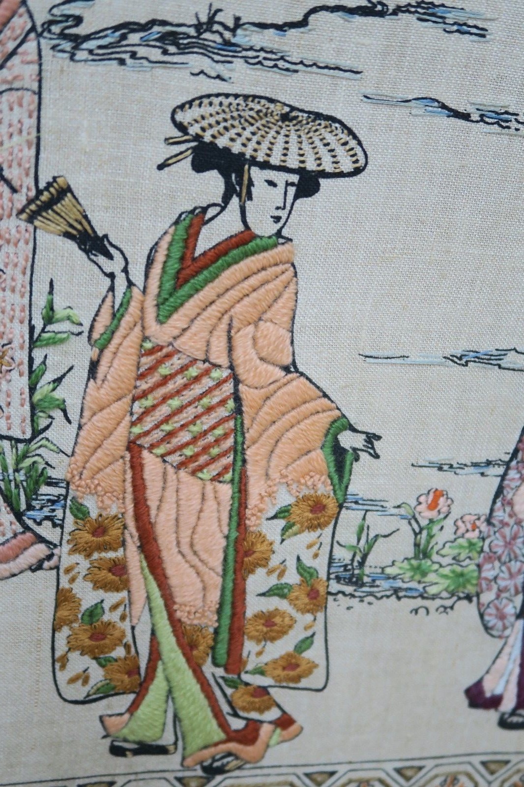 Asian Embroidery Over Painted Canvas Geishas Framed 19″ x 29″ – 22″ x 32″