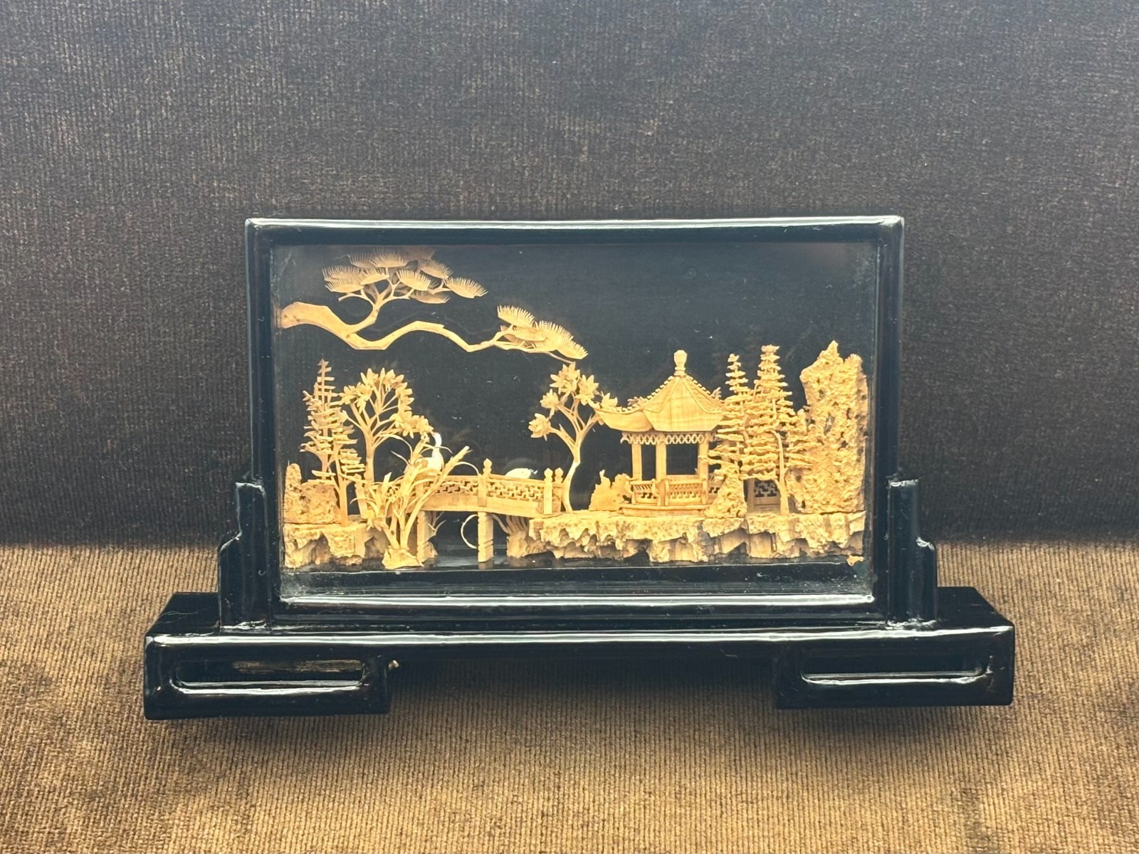 Chinese Carved Cork Sculpture Diorama 2 White Cranes Herons Black Enamel Frame