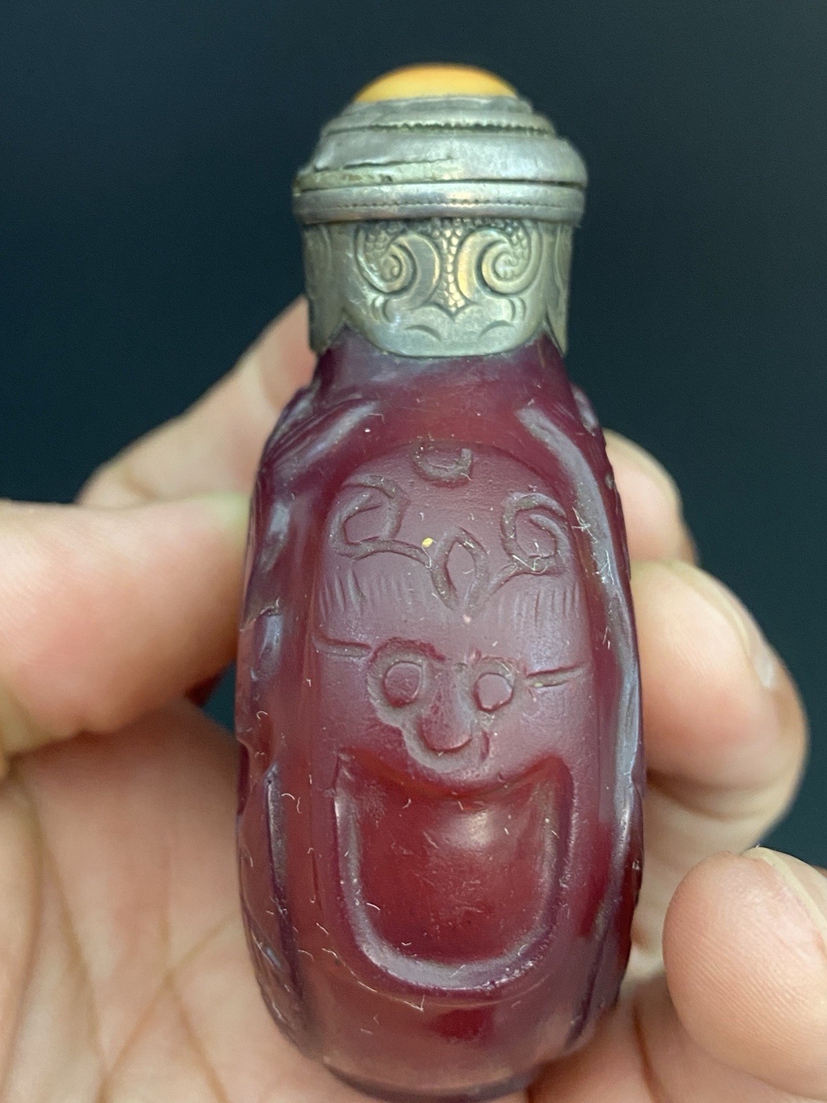 Antique Chinese Ruby Red Peking Glass Steling Silver Top Carved Snuff Bottle