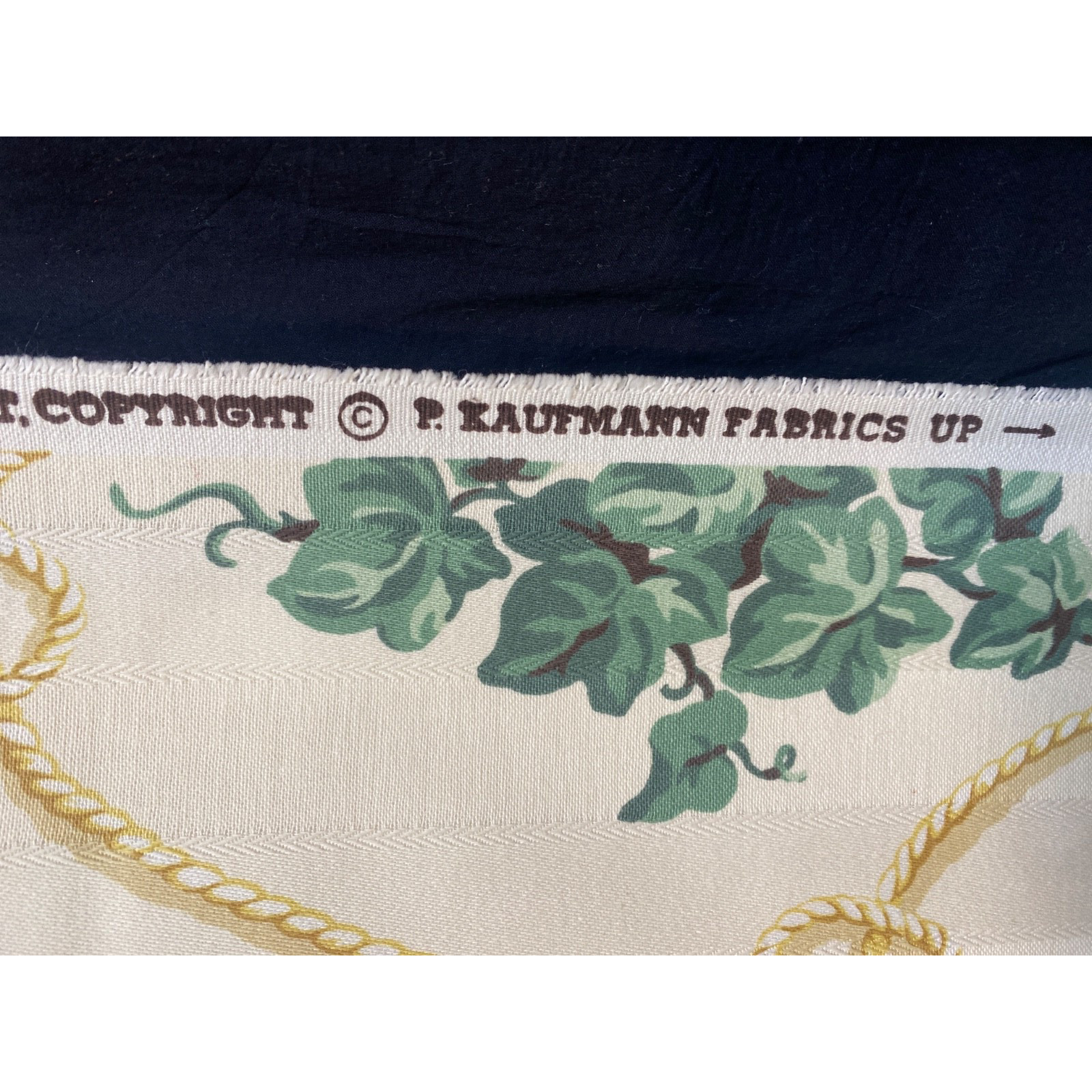 P. Kaufmann fabric pale yellow green ivy leaves white rope Cord Tassels 54″x200″