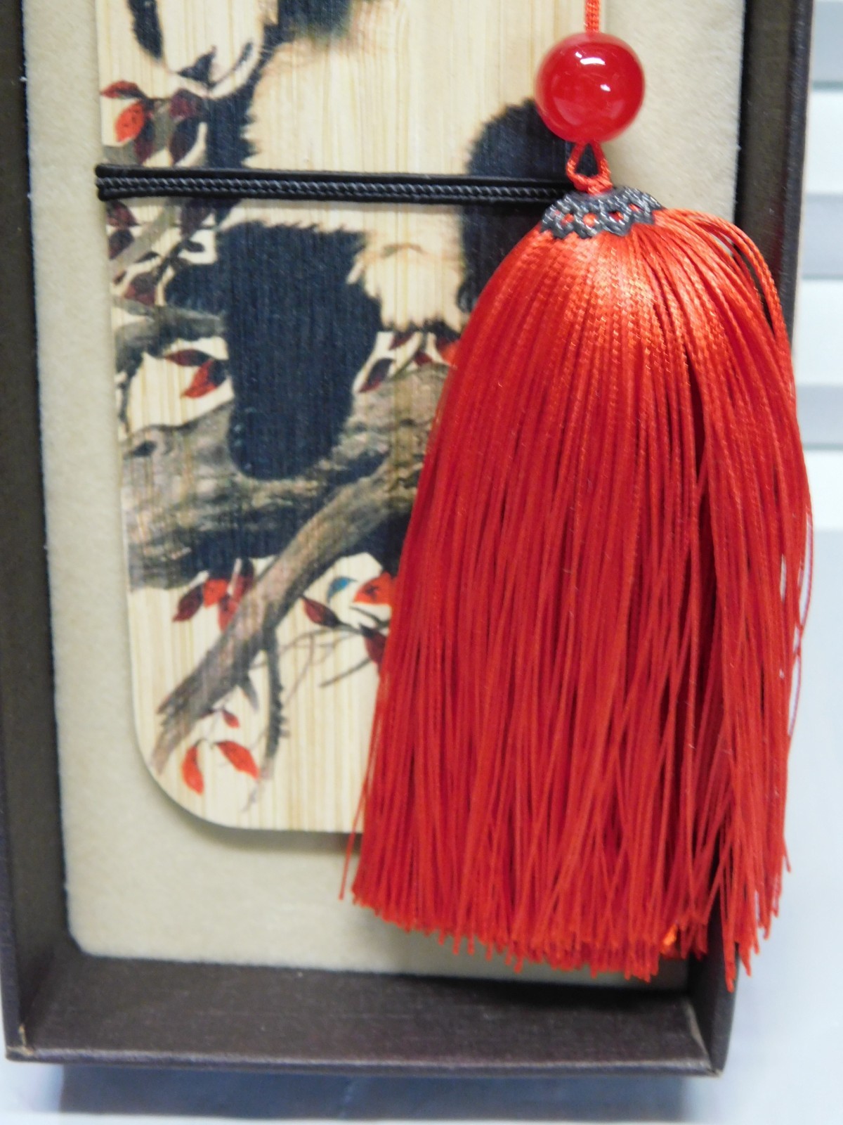 CHINESE COLLECTIBLE WOODEN PANDA BEAR AND SILK TASSEL BOOKMARK