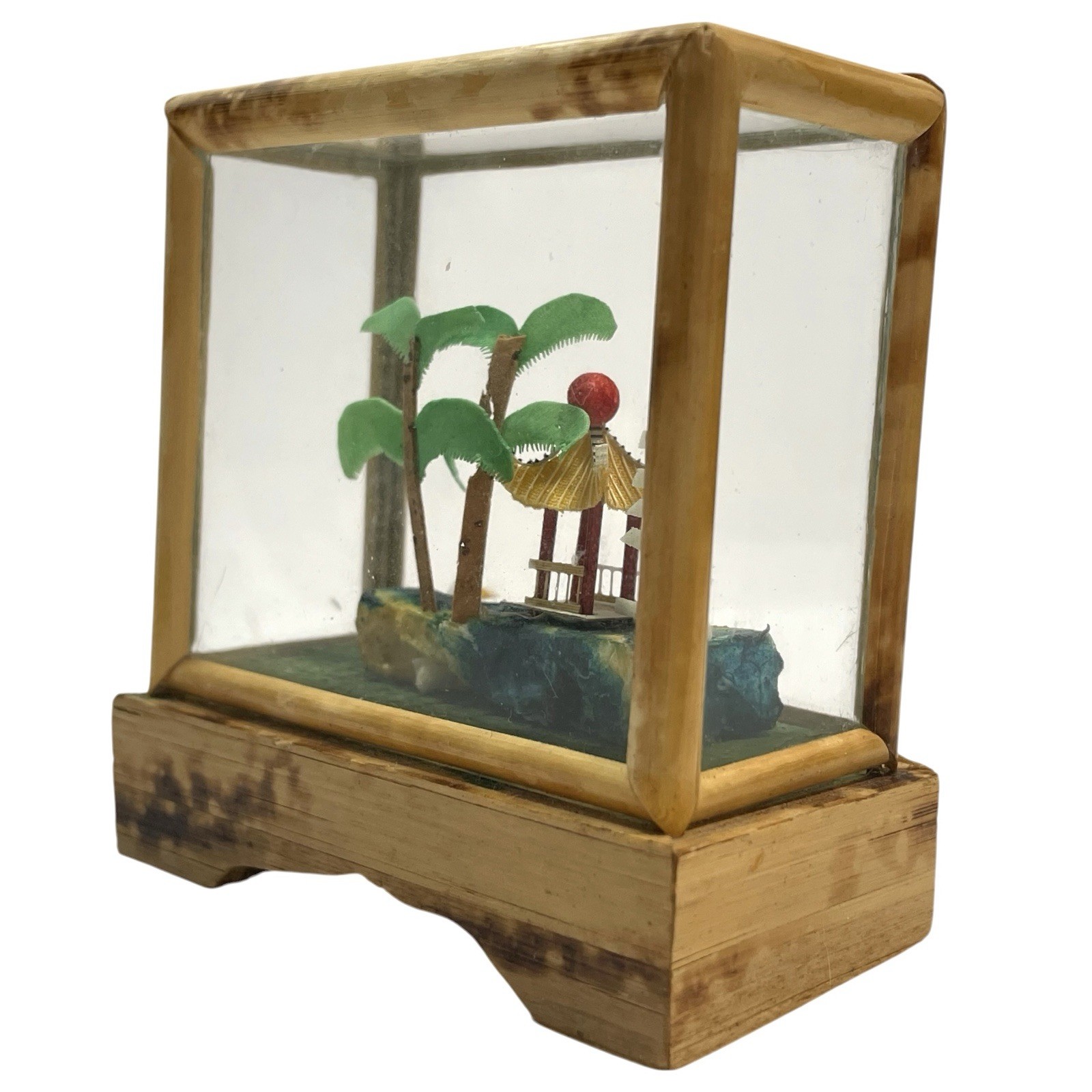Vintage 1950s Miniature Pagoda Diorama in Bamboo Glass Case – Asian Artwork