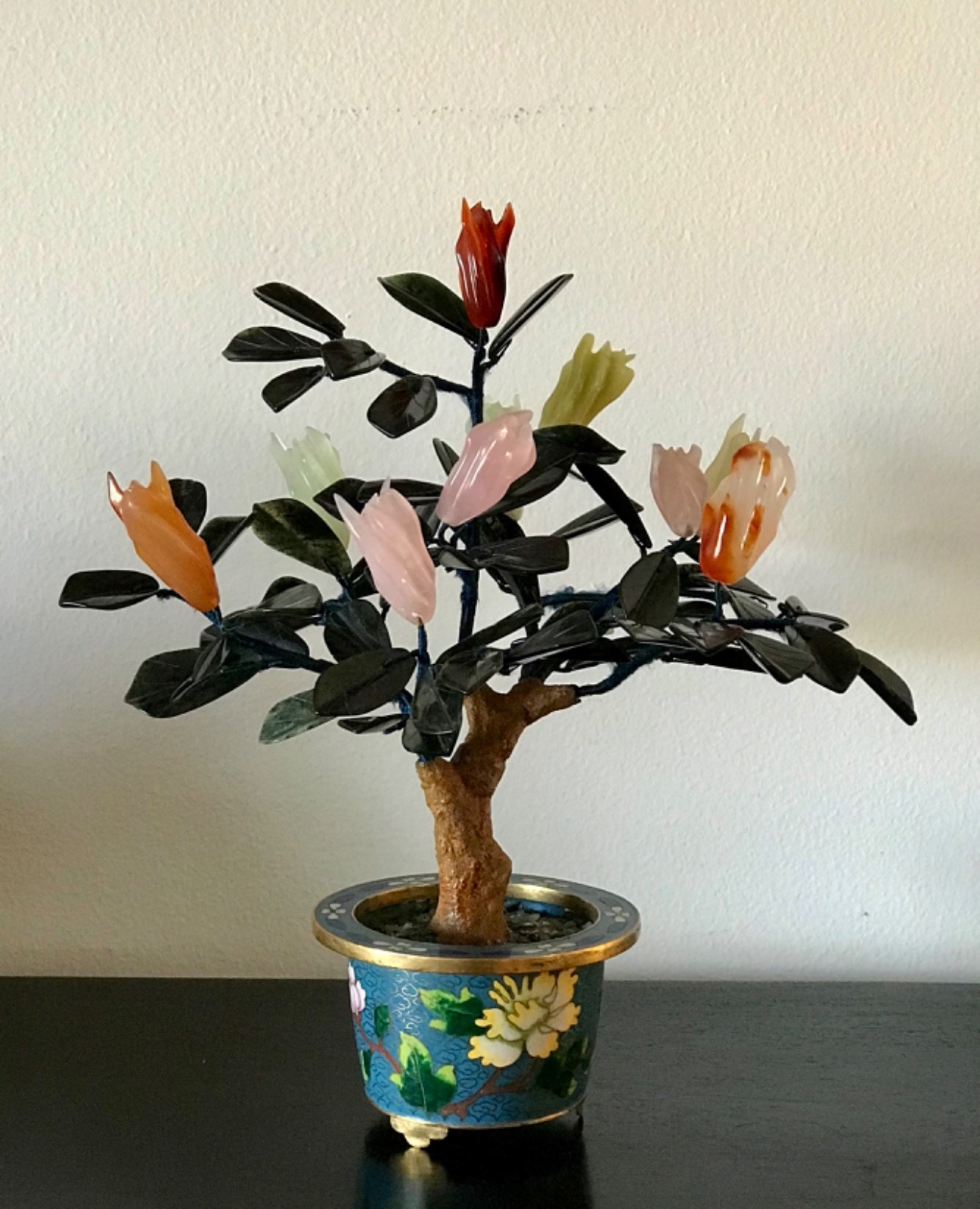 Chinese Vintage Jade Buddha’s hand Tree in Cloisonne Pot 10.5″ Inches Tall