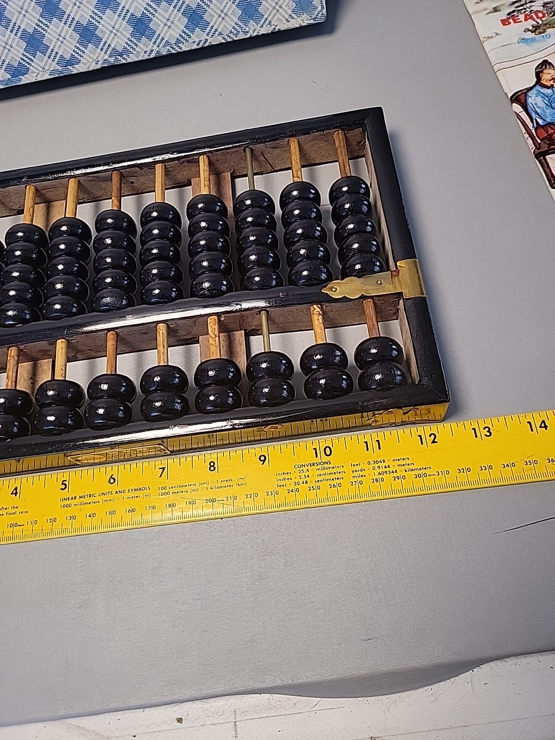 Vintage Chinese Abacus Wood & Brass Lotus Flower Brand Calculator 11 Row 77 Bead