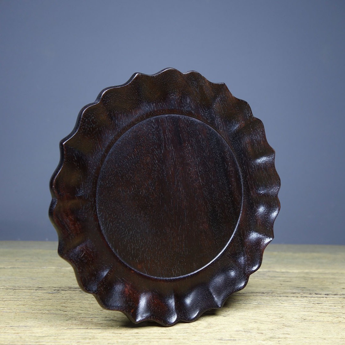 Vintage Hand Carved Rosewood Lotus Tea Tray Decor 14.5cm