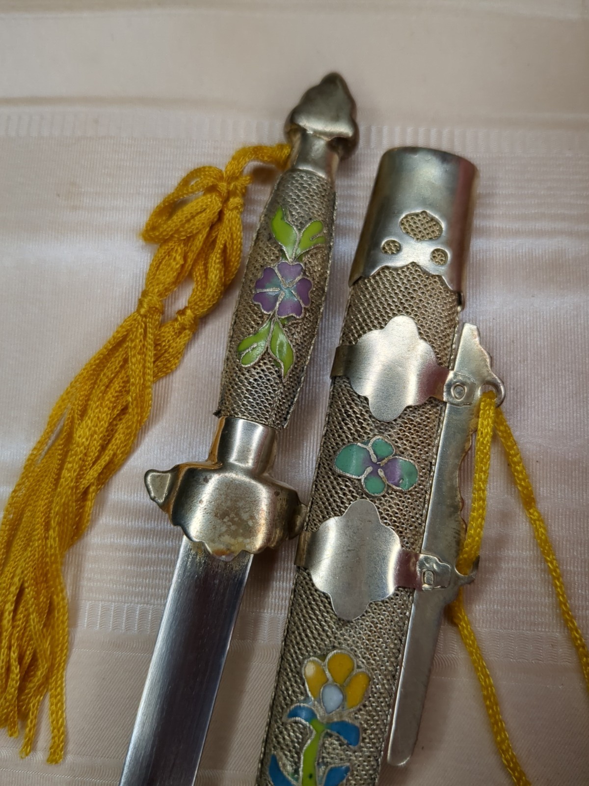 Vintage Chinese Cloisonne Letter Opener Dagger In Brocade Gift Box