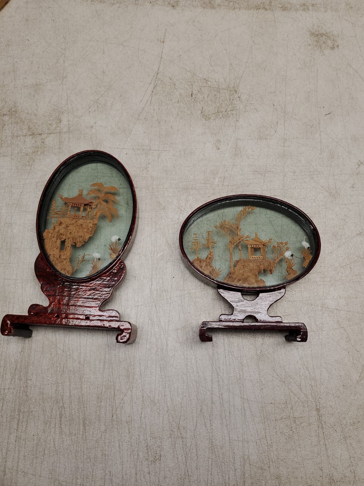 Pair CHINESE HAND CARVED CORK OVAL DIORAMA Red Lacquered Frame 8×5 5.5×6