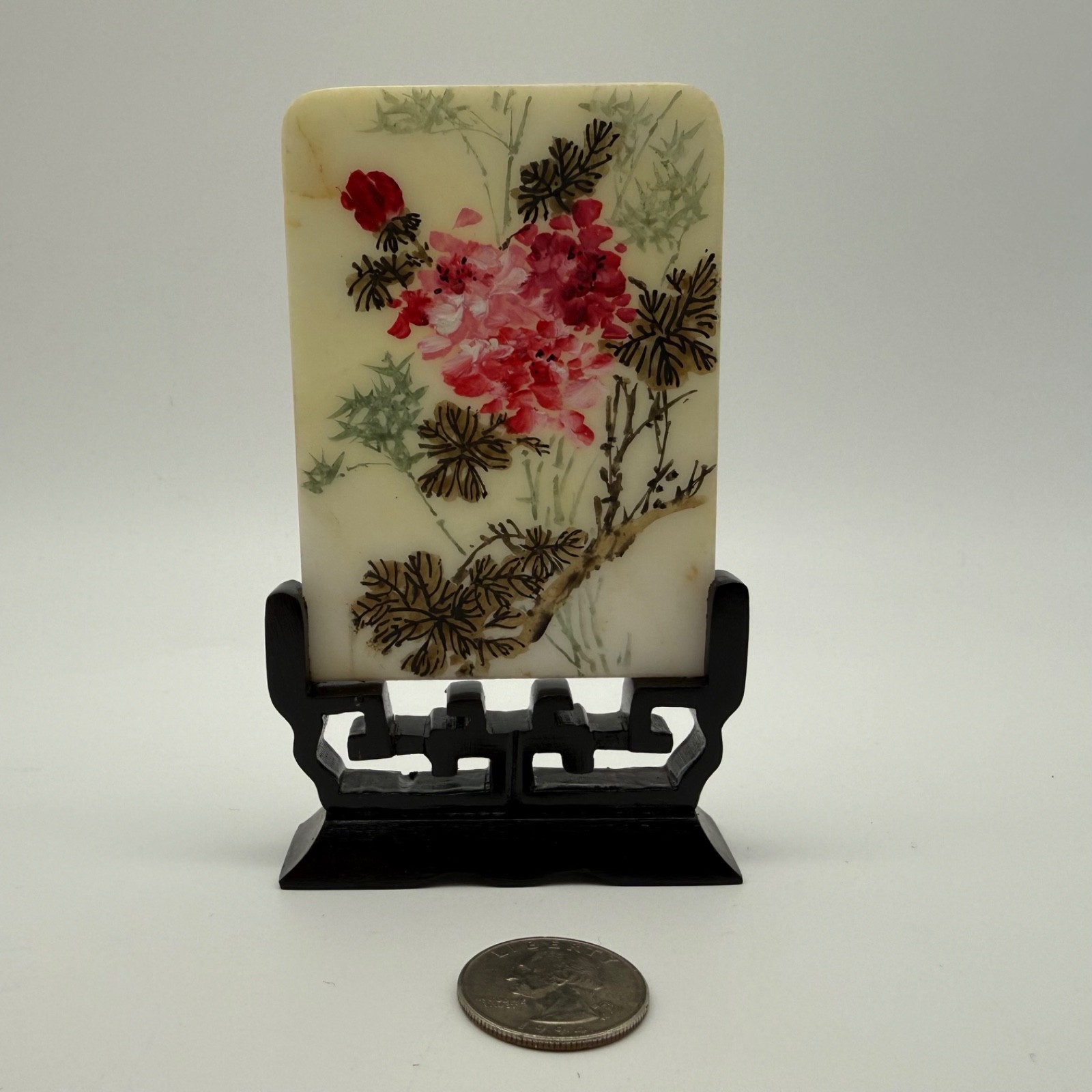 Vintage Chinese Hand Painted Marble Plaque Pink Blossoms Bamboo Wood Stand