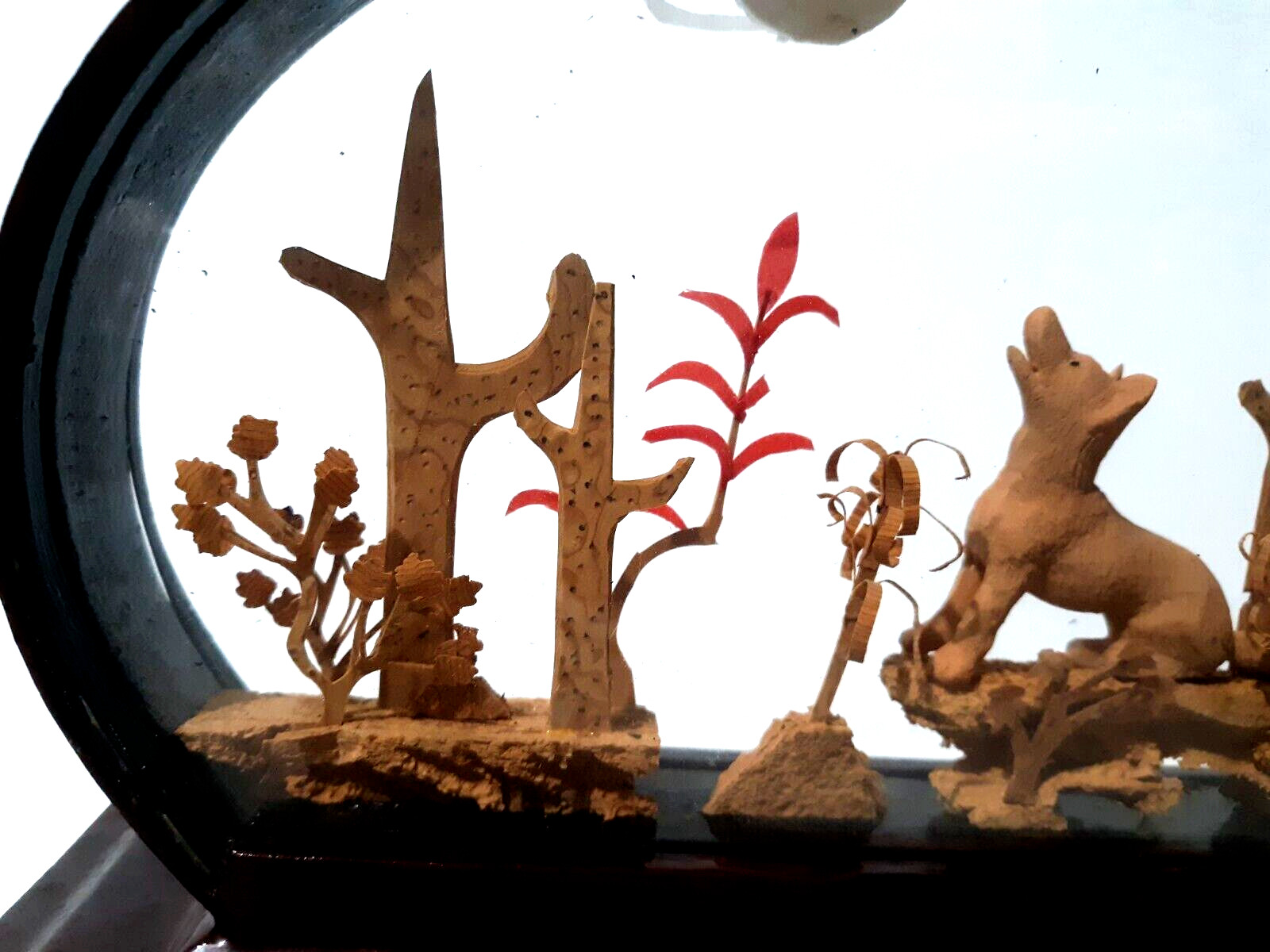 VTG Chinese Art Cork Hand Carved Diorama Bamboo Frame Desert Scene Howling Moon