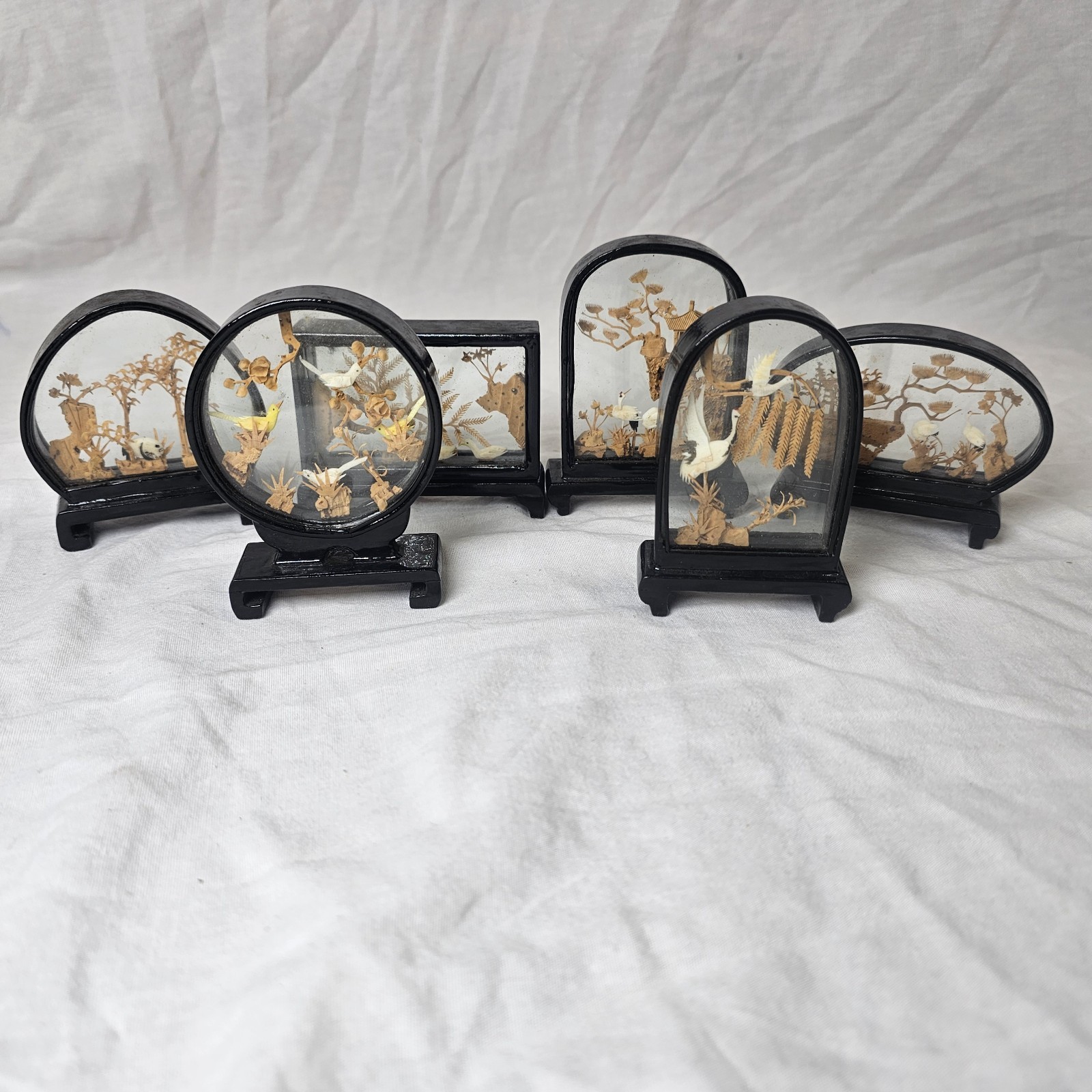 Vintage Lot Of 6 Chinese Carved Cork Lacquer Ware Diorama Sculpture Bird Panda
