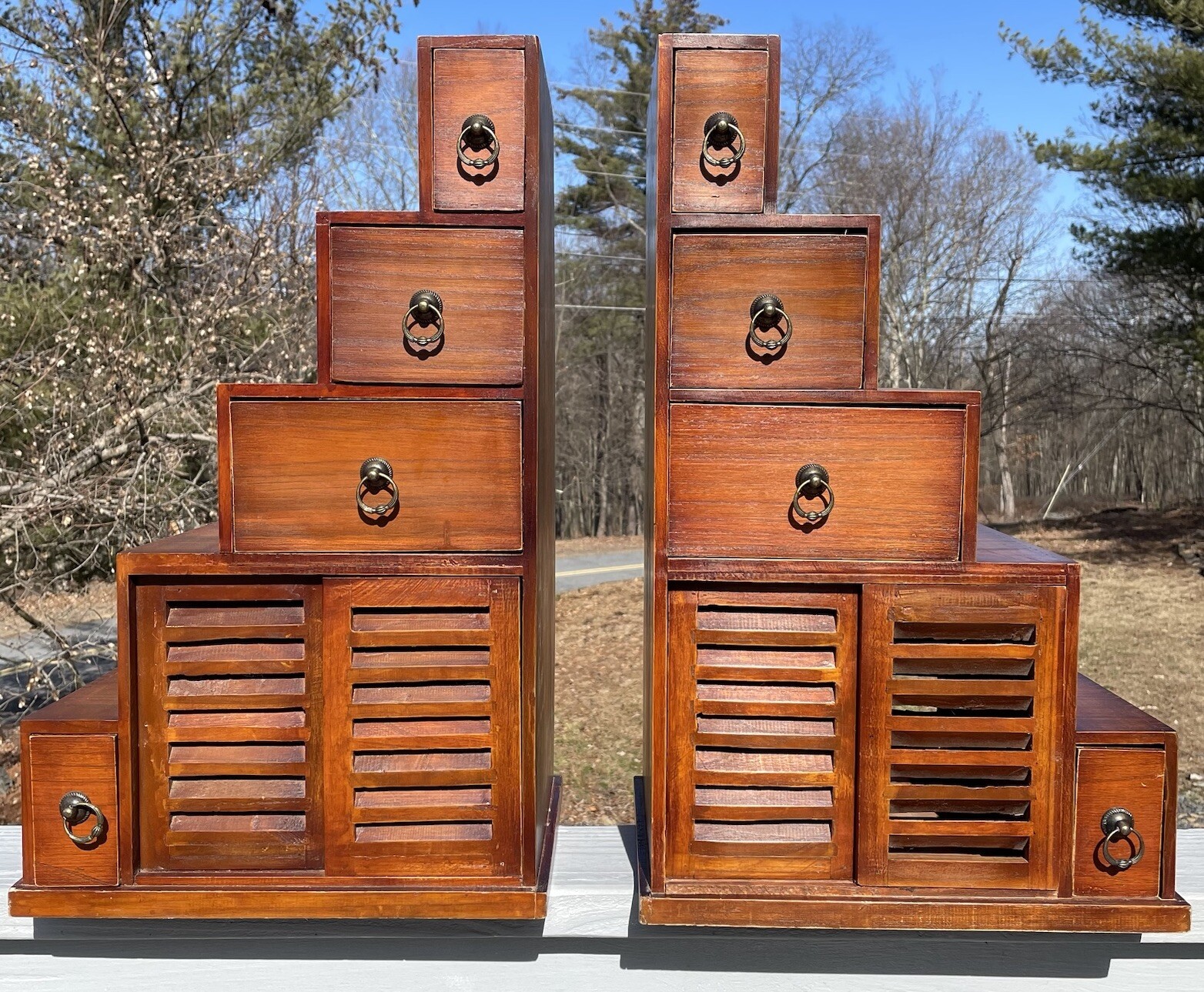 Pair of Vintage 20th C. Dovetailed Tansu Step Wooden Shelves Asian Art