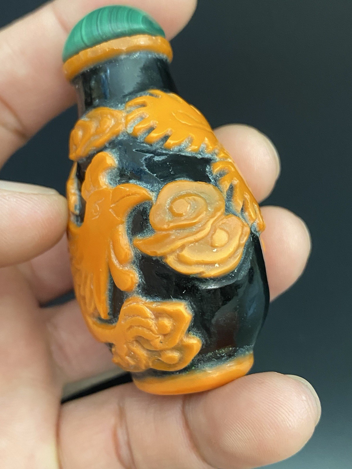 Antique Chinese Peking Glass Orange Phoenix Overlay Snuff Bottle Malachite Top