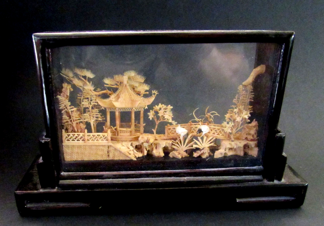 VTG Chinese San You Cork Art Hand Carved Diorama with Pagoda, Cranes, Trees LP-4