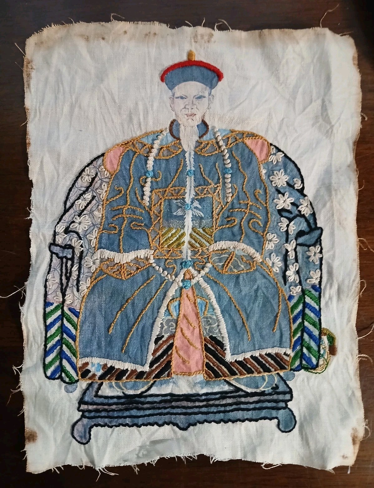 ANTIQUE QING DYNASTY CHINESE IMPERIAL EMBROIDERED FOLK TEXTILE PANEL 14 X 10