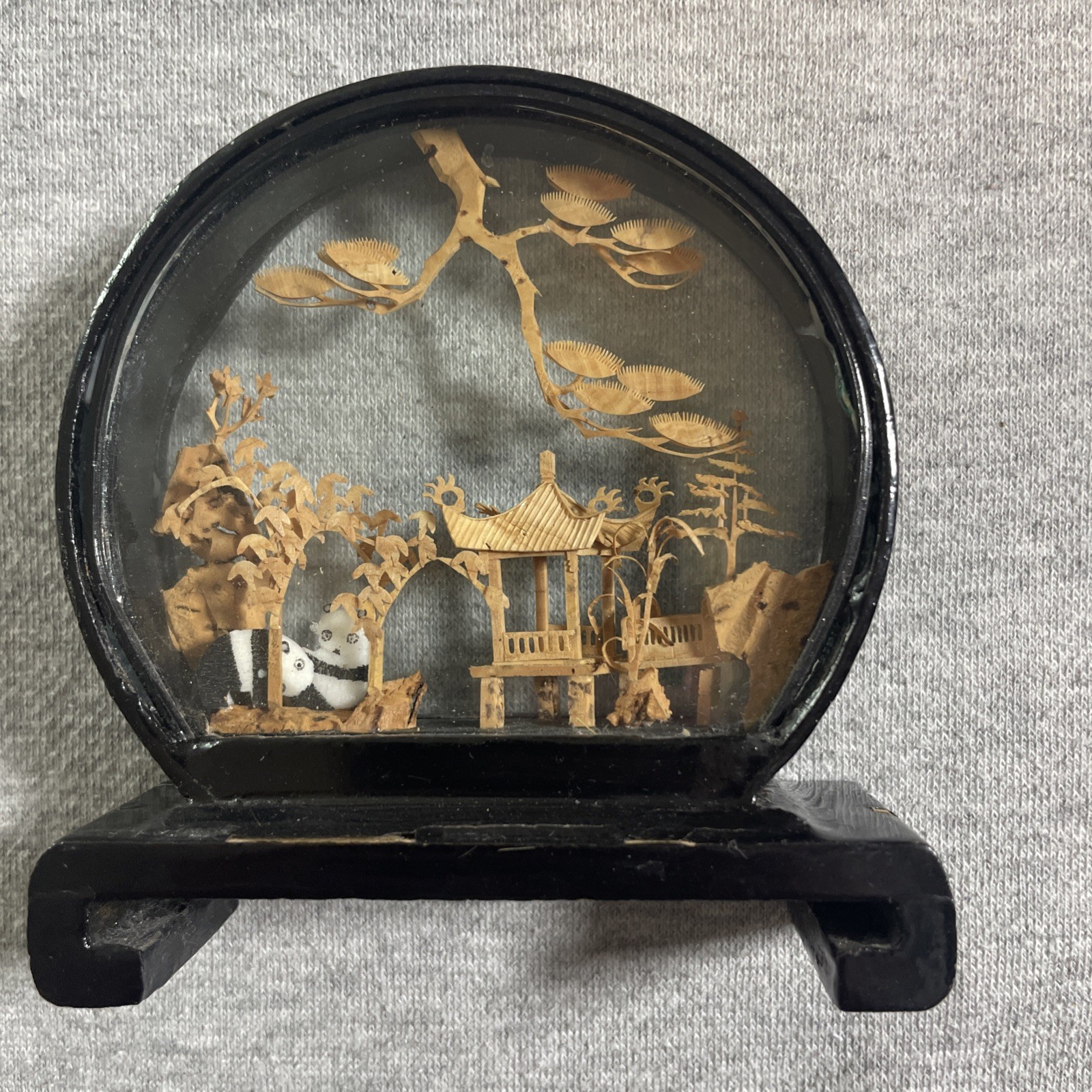 Vtg. Carved Cork Chinese Art Diorama with Pandas Pagoda and Trees Black Lacquer