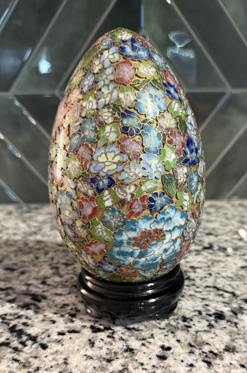 Vintage Chinese Cloisonné Large Gilded Egg w/ Wood Stand Floral, Millefleurs