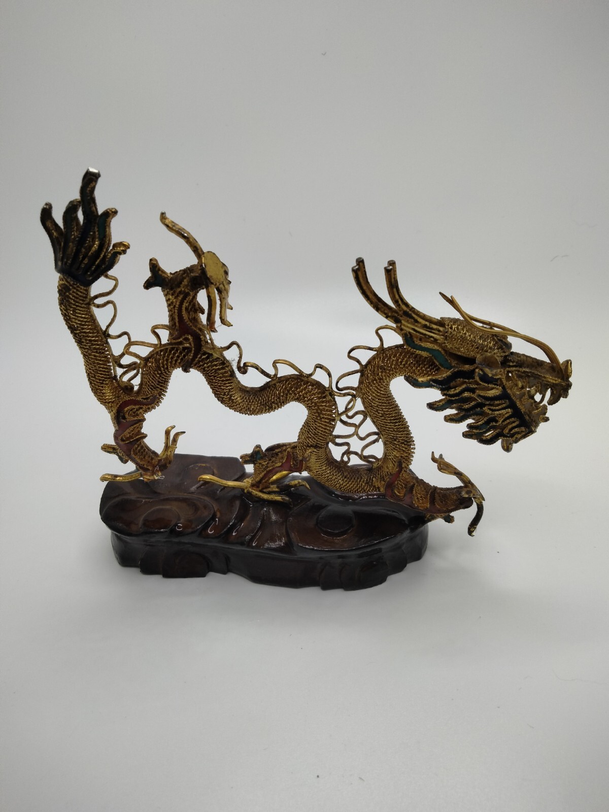 Chinese Brass Figurine Dragon on Wooden Stand 4.5″ x 4.5″ Green, Red, and Gold