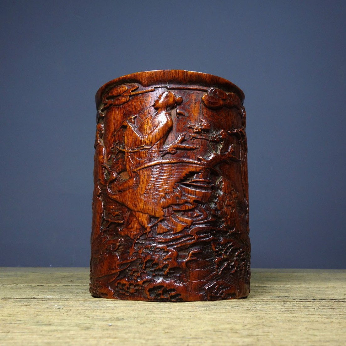 Vintage Rosewood Brush Pot, Hand-Carved Eight Immortals, 14.5cm