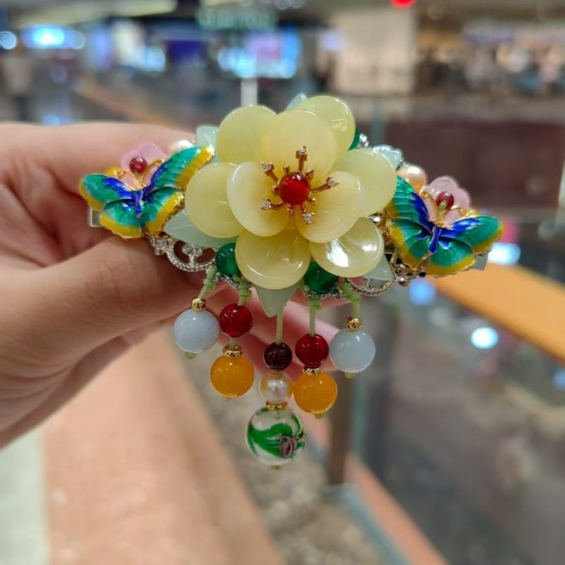 Vintage Cloisonne Top Clip Butterfly Flower Spring Hairpin Retro Ponytail Clip