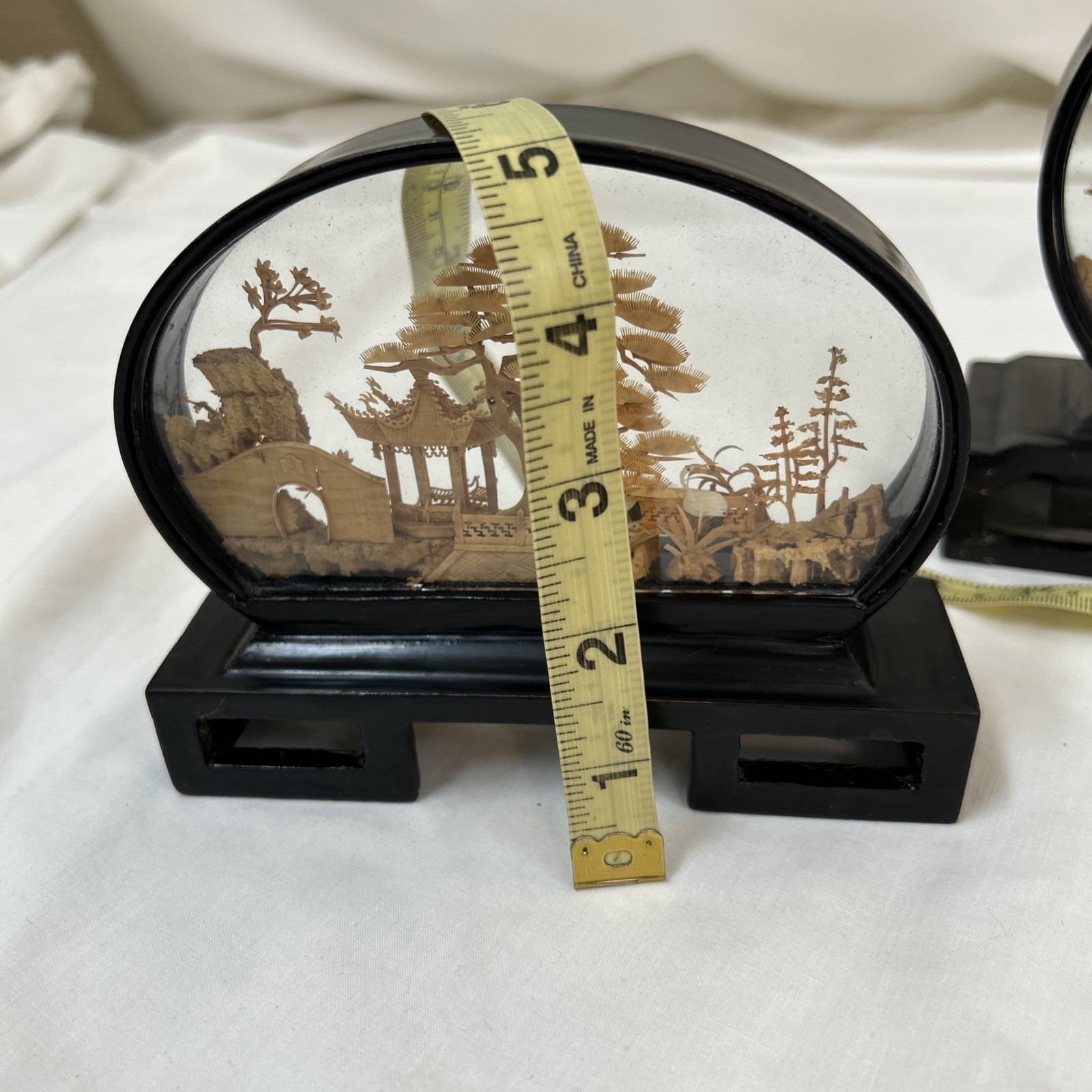 Set Of Vtg Oval Chinese Cork Art Hand Carved Diorama Pagoda Cranes Trees Cliff