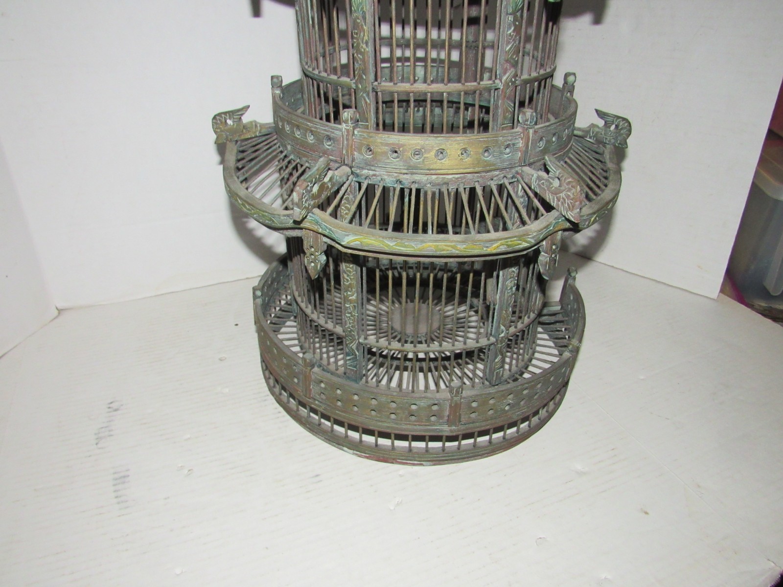 Vintage Chinese Wood Carved Pagoda Bird Cage, Oriental Geisha, Round