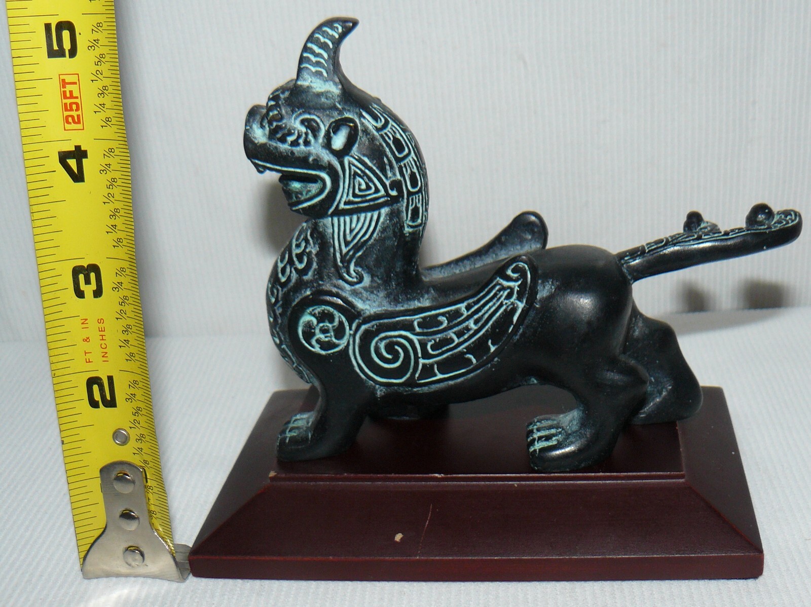 Chinese Bronze Griffin On Wood Stand 5×5″ Hollow