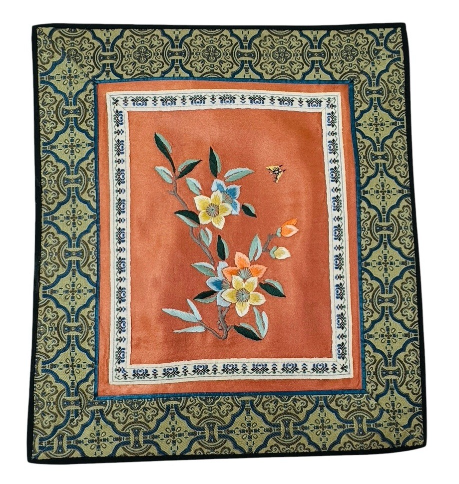 5 COLORFUL SILK PLACE MATS W/FLORAL EMBROIDERY, MADE IN CHINA, 11″ X 10″