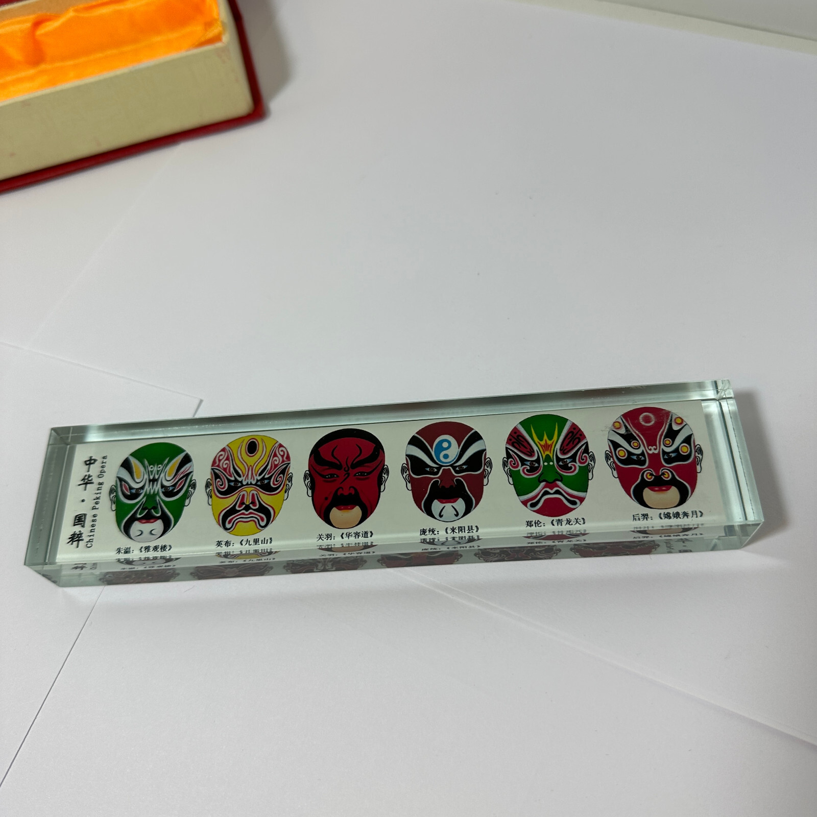 Chinese Peking Opera Transparent 7″ Block With Faces With Box Used Free Shipping