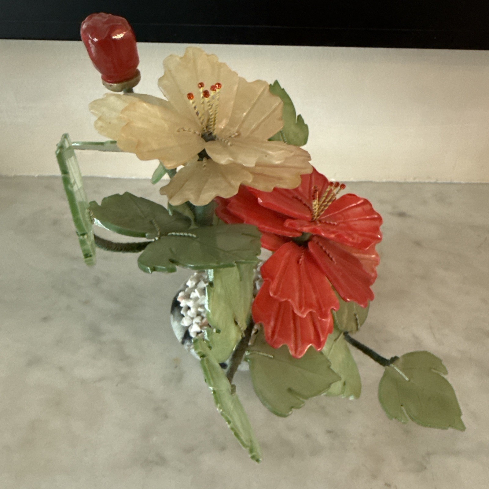 Vintage Jade Bonsai Tree Carved Red Hibiscus Flowers High Blossom 6.25” By 7”