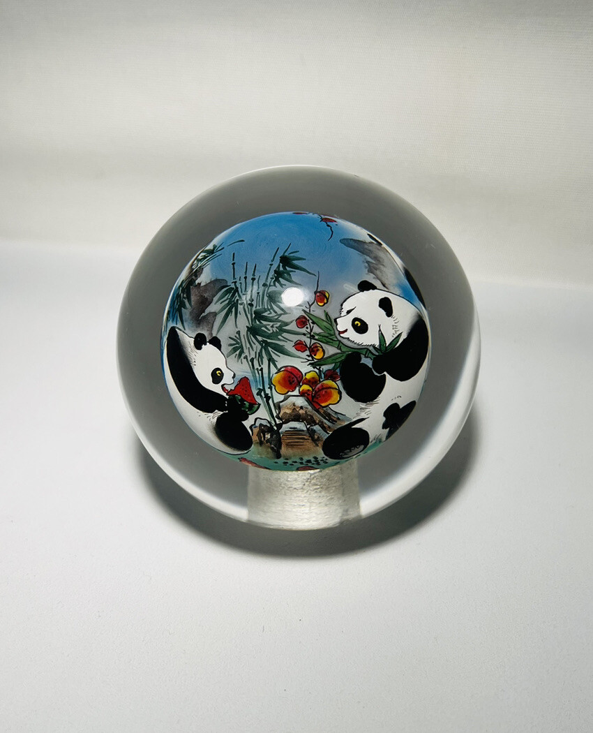Chinese Glass Ball Sphere Paperweight Reverse Hand Painted Pandas Eat Watermelon