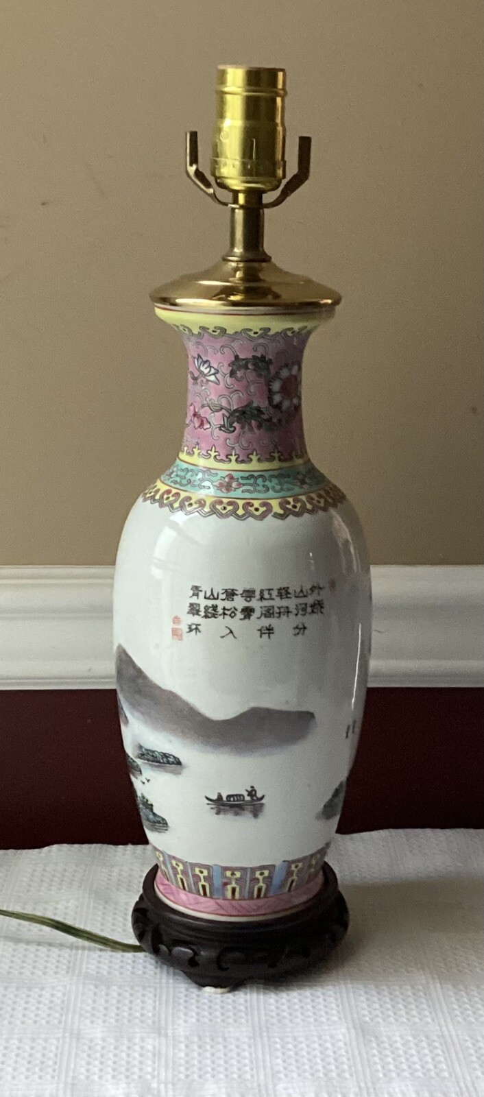 Vintage Chinese Famille Rose Porcelain Landscape Vase Lamp Inscribed 17.25″