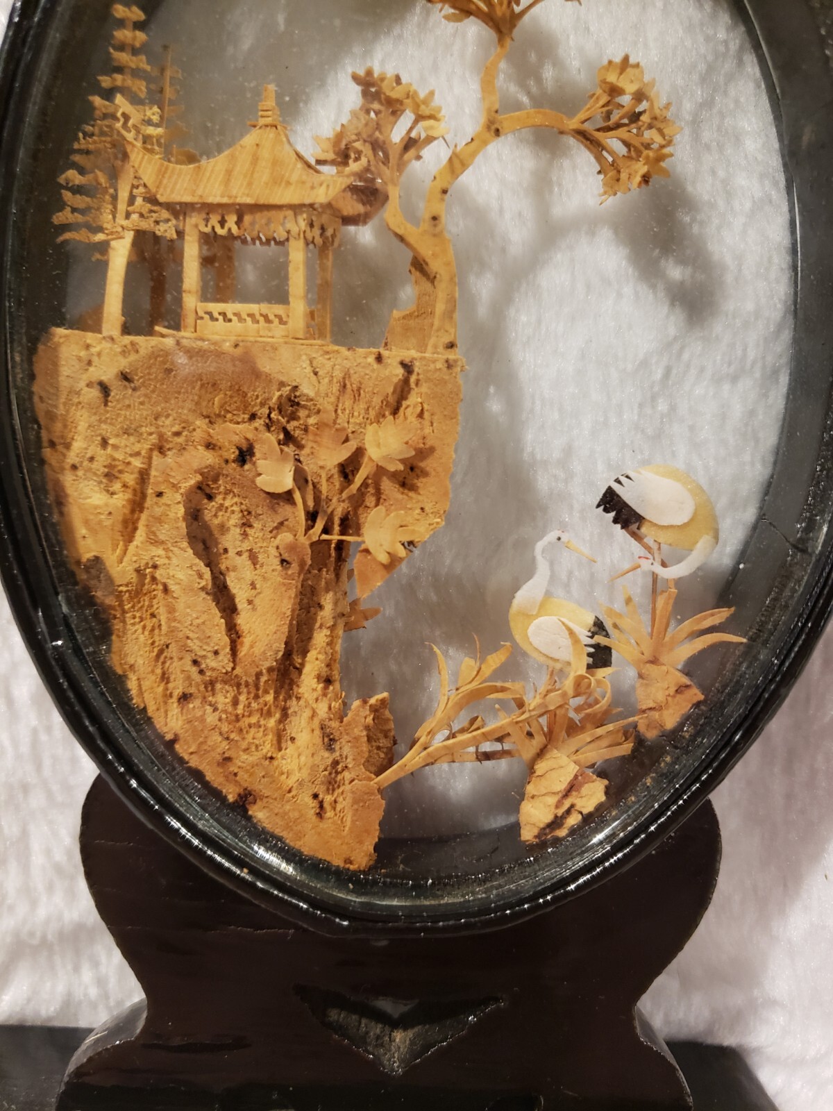 Vintage Hand Carved Cork Diorama Cranes Pagoda Trees Art, Glass Case