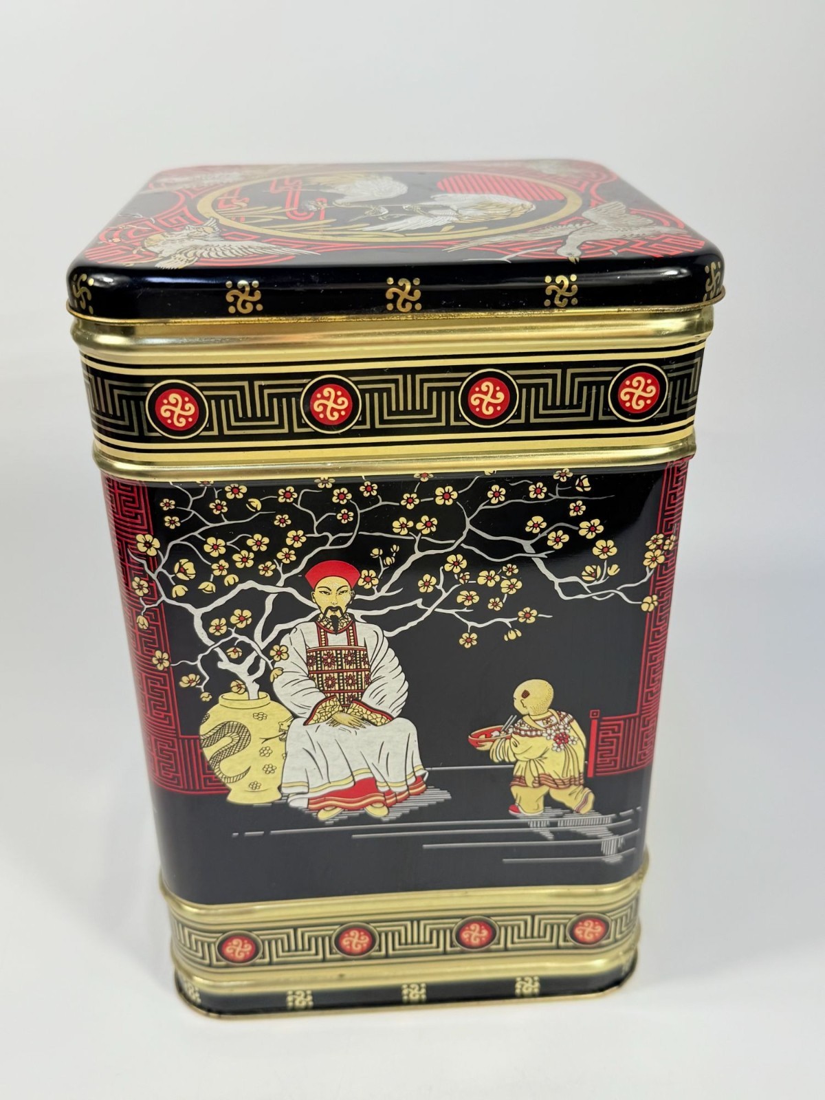English Tea Tin Caddy Vintage 1970s Chinese Hinged Lid Black Red Gold Cranes Asi
