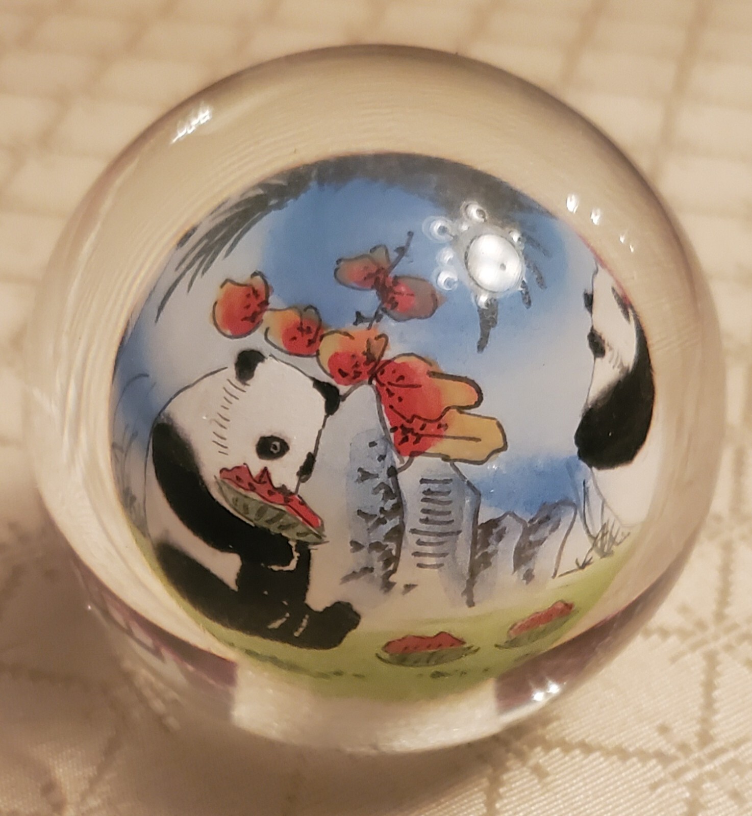 Chinese Glass Ball Sphere Paperweight Reverse Hand Painted Pandas Eat Watermelon