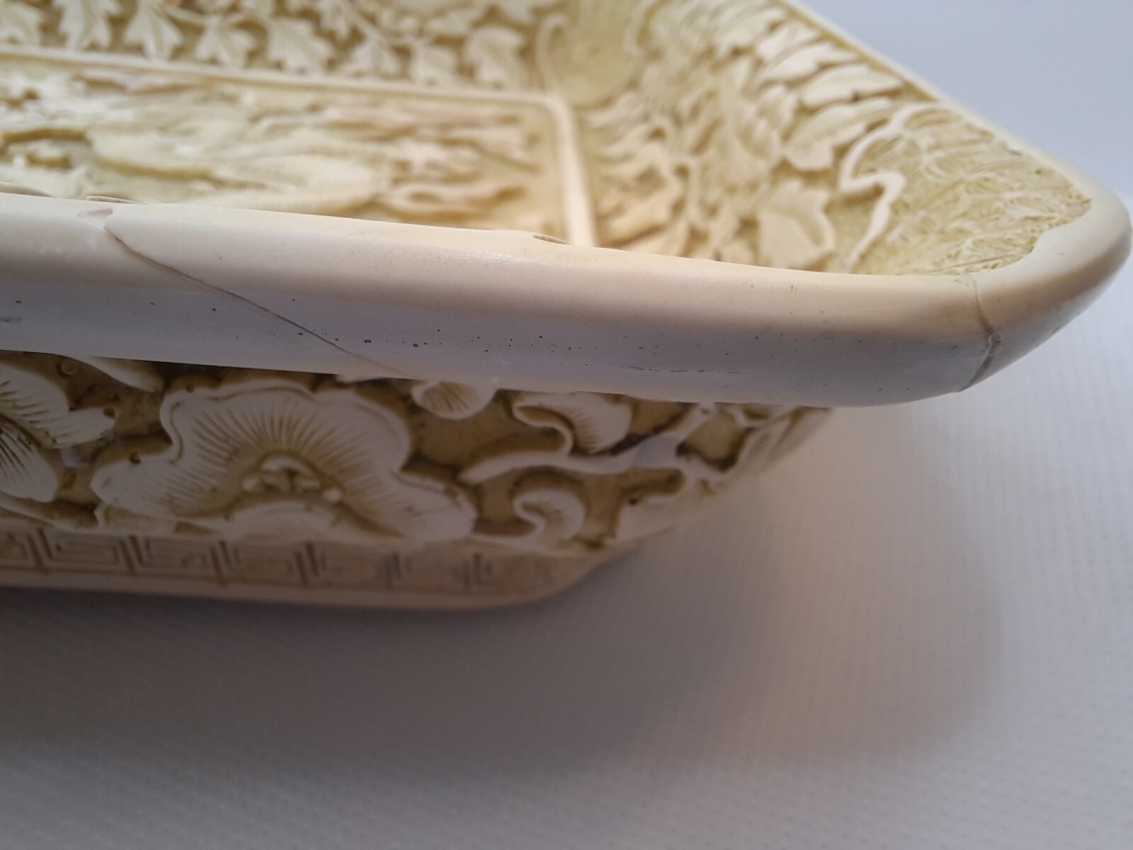 Vintage Asian Carved Resin High Relief Dragons Flaming Pearl and Florals Tray