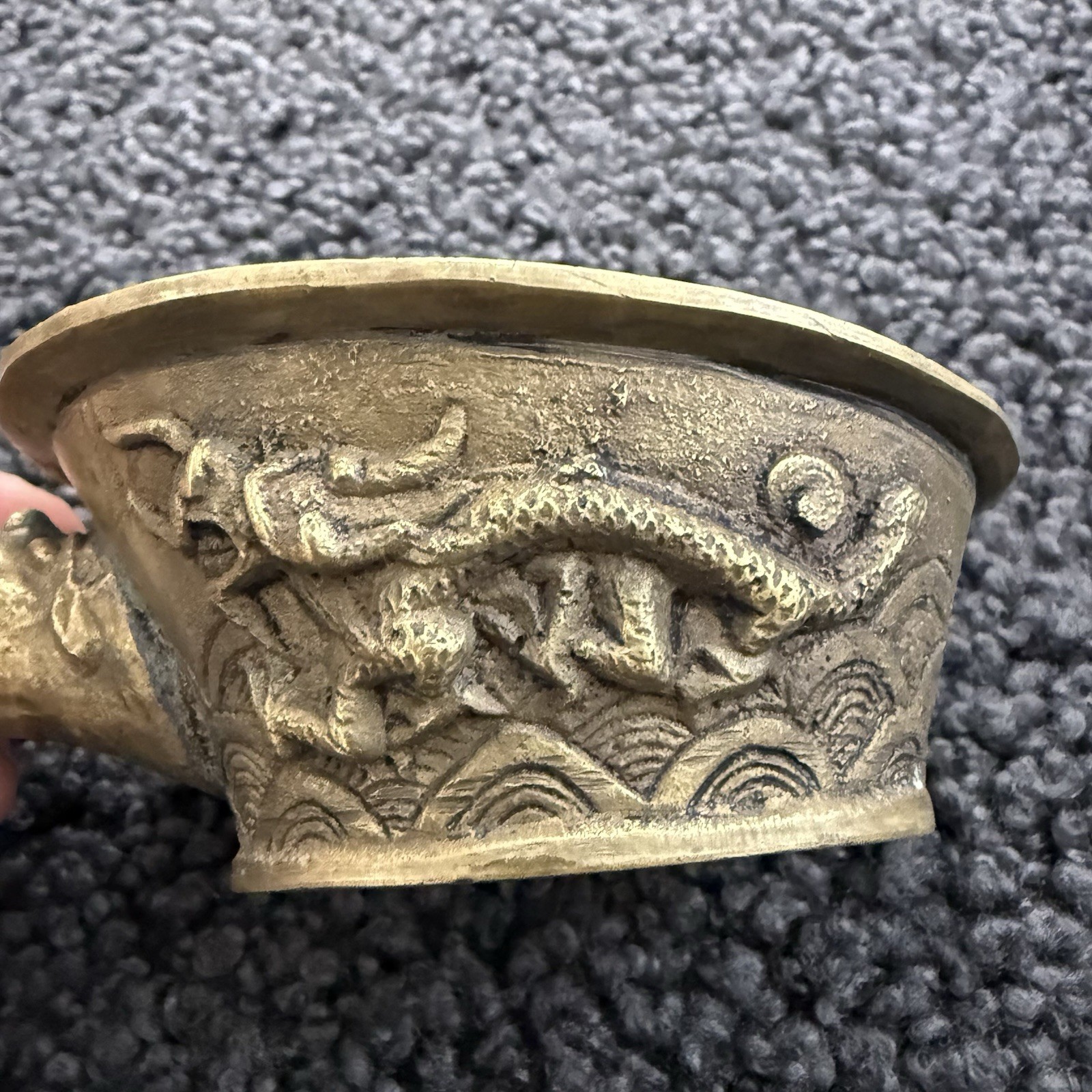 Vintage Chinese Export Cast Brass Metal Silk Iron Dragon, Stand and Pot