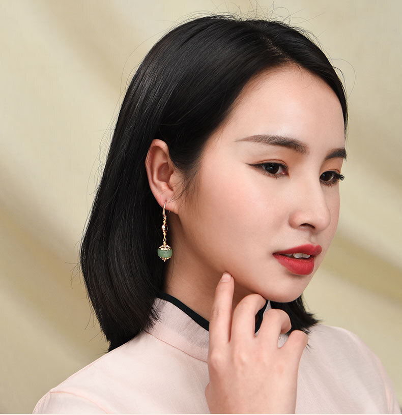 China Dongling Jade/Garnet/Alloy Tibetan Style Exquisite Earbob Earrings