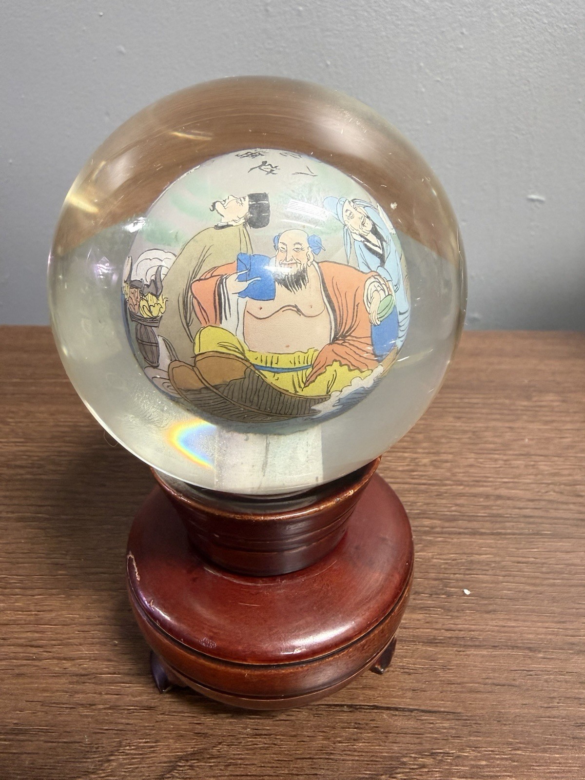 Vintage Chinese Hand Painted Reverse Art Glass Globe With Stand